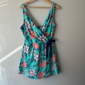Caribbean Joe Floral Swim Dress Teal Coral Faux Wrap One Piece Swimsuit Size 16